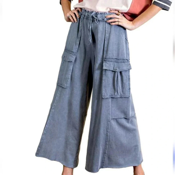 New! Easel Faded Navy Blue Terry Knit Feeling Good Utility Pants - Picture 1 of 4